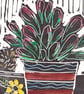 House Plant Brown stripy pot  yellow flower.  Lino print with water colour - Image 2