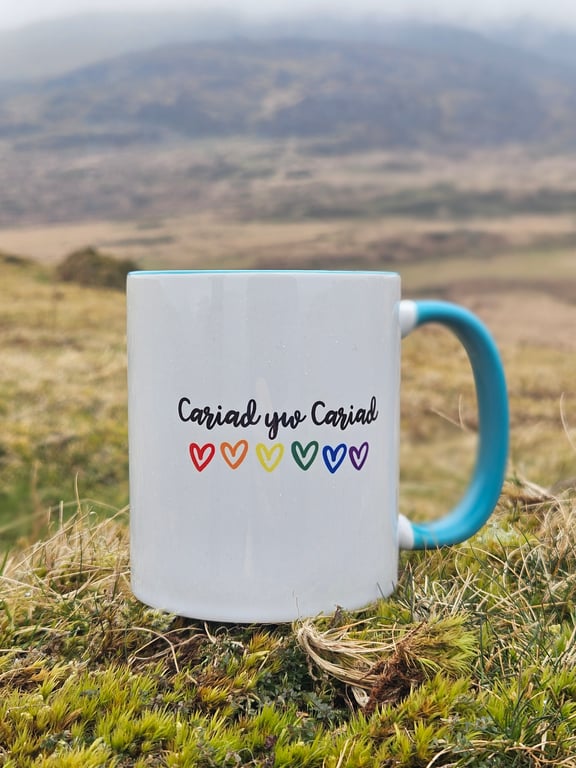 Handmade Welsh Mug – Mwg Cymraeg, Cariad yw Cariad, Love is Love