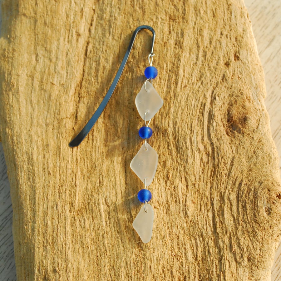 Beach glass bookmark with blue beads