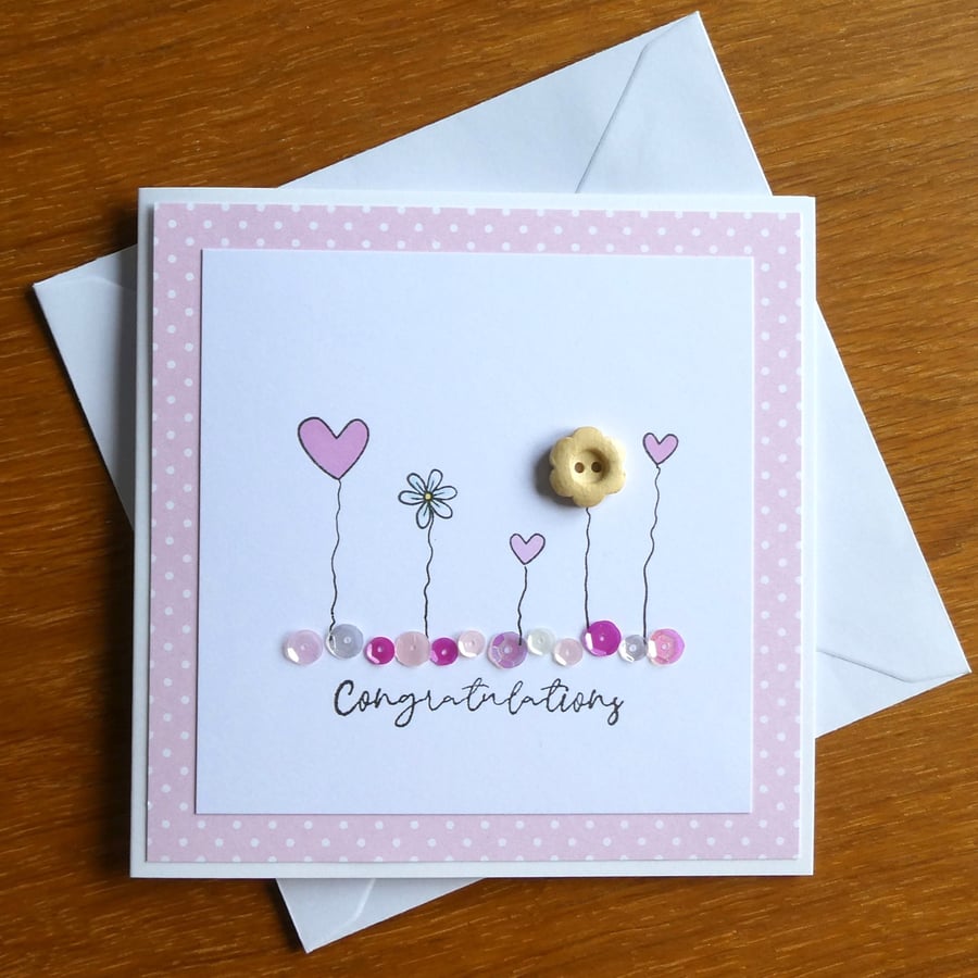 Congratulations Card - Hearts, Flowers and Sequins - Pink