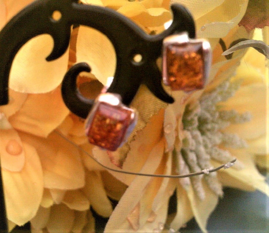 Sterling Silver Baltic Amber Earrings, Genuine Amber Ear Studs For Women