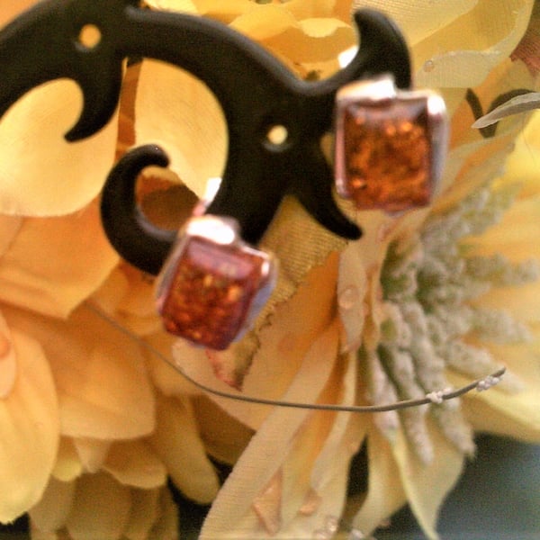 Sterling Silver Baltic Amber Earrings, Genuine Amber Ear Studs For Women
