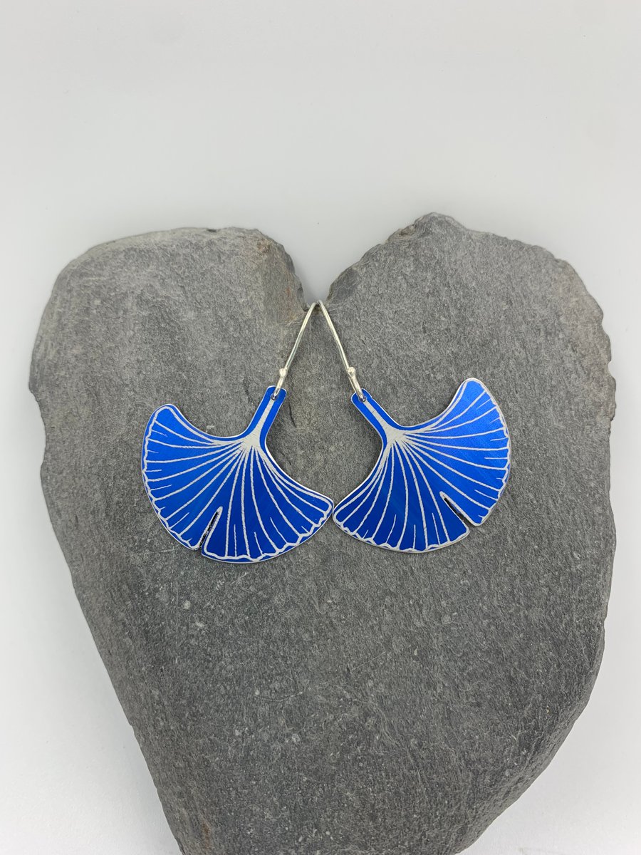 Blue aluminium ginkgo leaf earrings