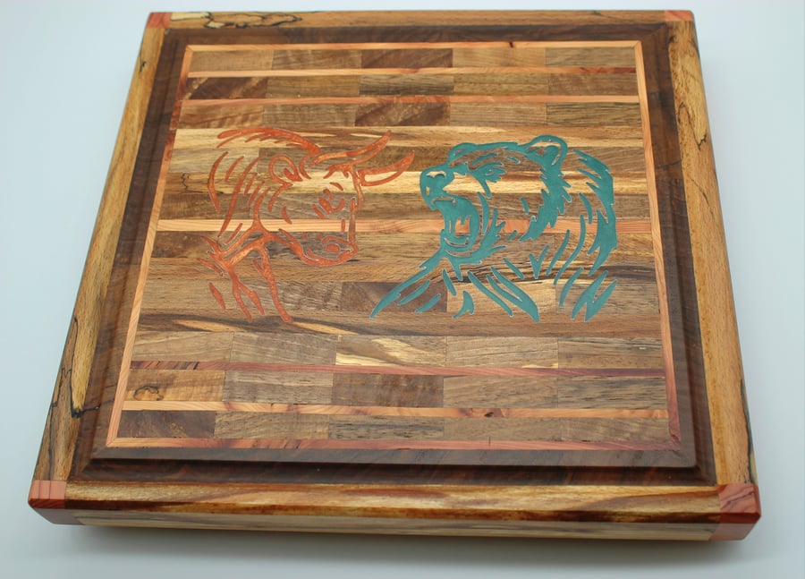Handmade Walnut & Cherry Cutting Board with Bull & Bear Resin Inlay  Maple Edge 