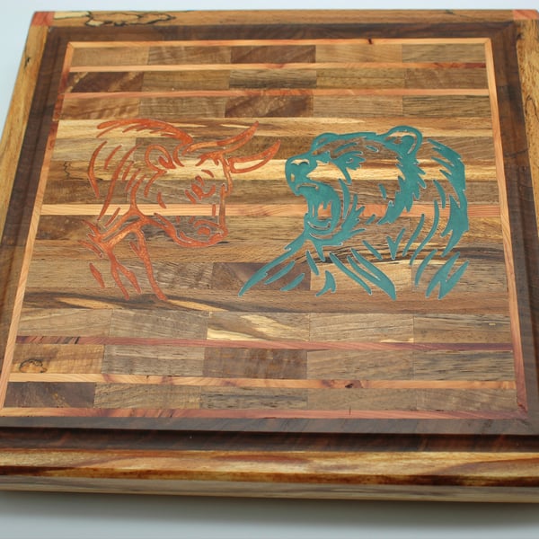 Handmade Walnut & Cherry Cutting Board with Bull & Bear Resin Inlay  Maple Edge 