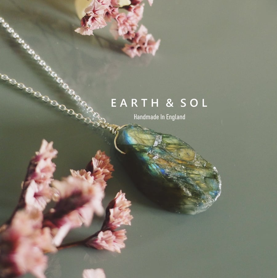 Raw Labradorite Wire Wrapped Necklace. Sterling Silver, 9ct Gold or Gold Filled