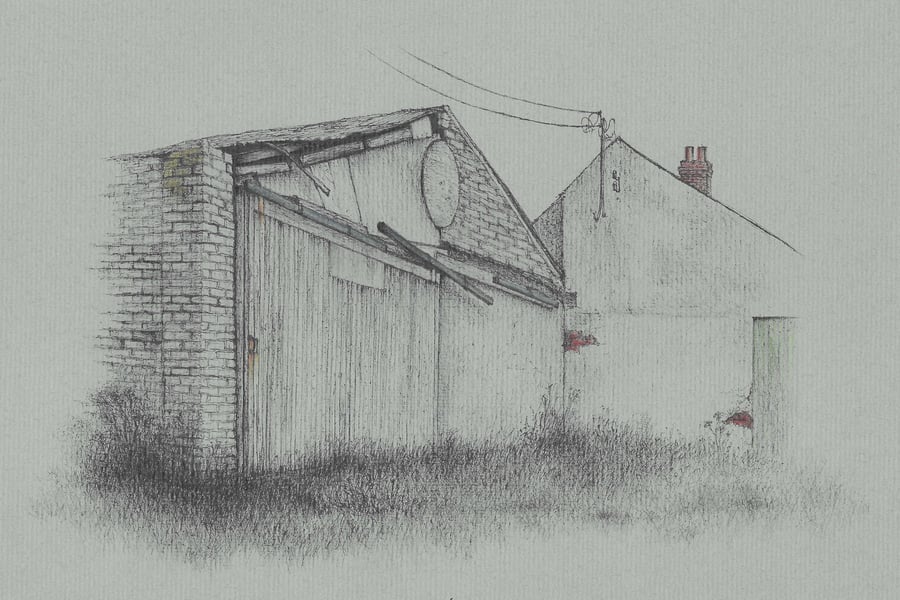 The Old Garage original framed pen and pencil drawing
