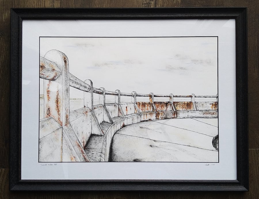 Tynemouth Outdoor Pool original framed A3 pen and pastel drawing 