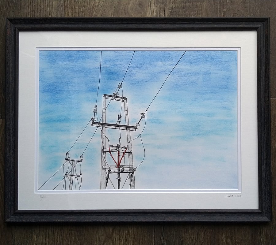 Pylons original framed A3 pen and pastel drawing