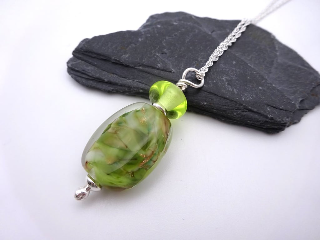 green and gold lampwork glass pendant necklace