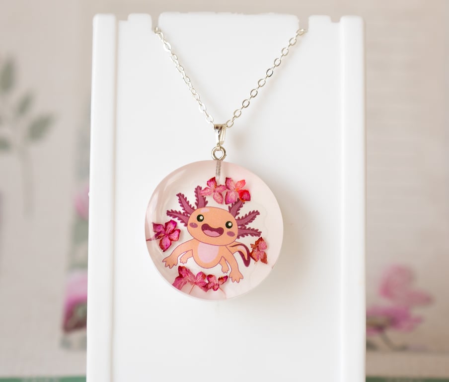 Axolotl necklace with real flowers Whimsical resin pendant Kawaii teen girl gift