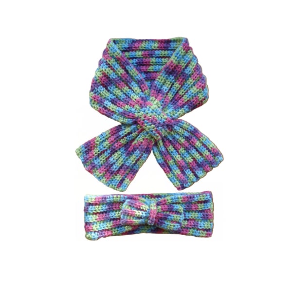 Set Of Cross Over Scarf And Turban Headband In Multi Colour Aran Yarn (R867)