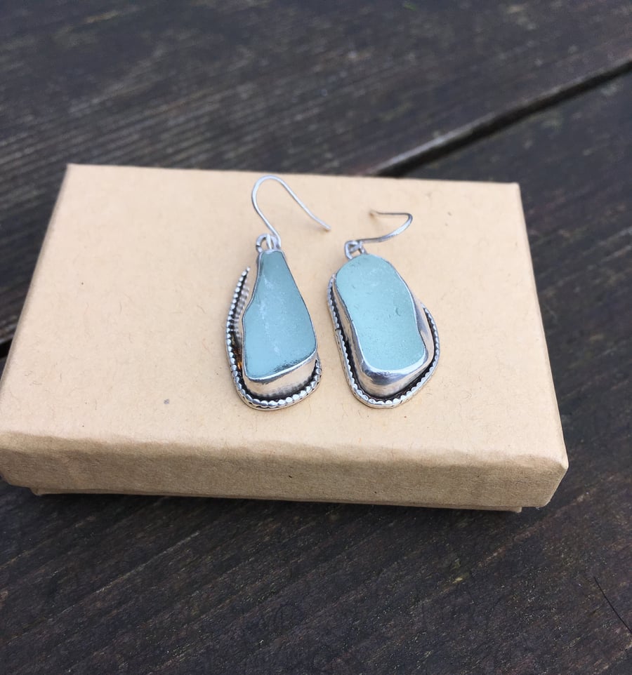 Handmade sea glass and silver dangle earrings 