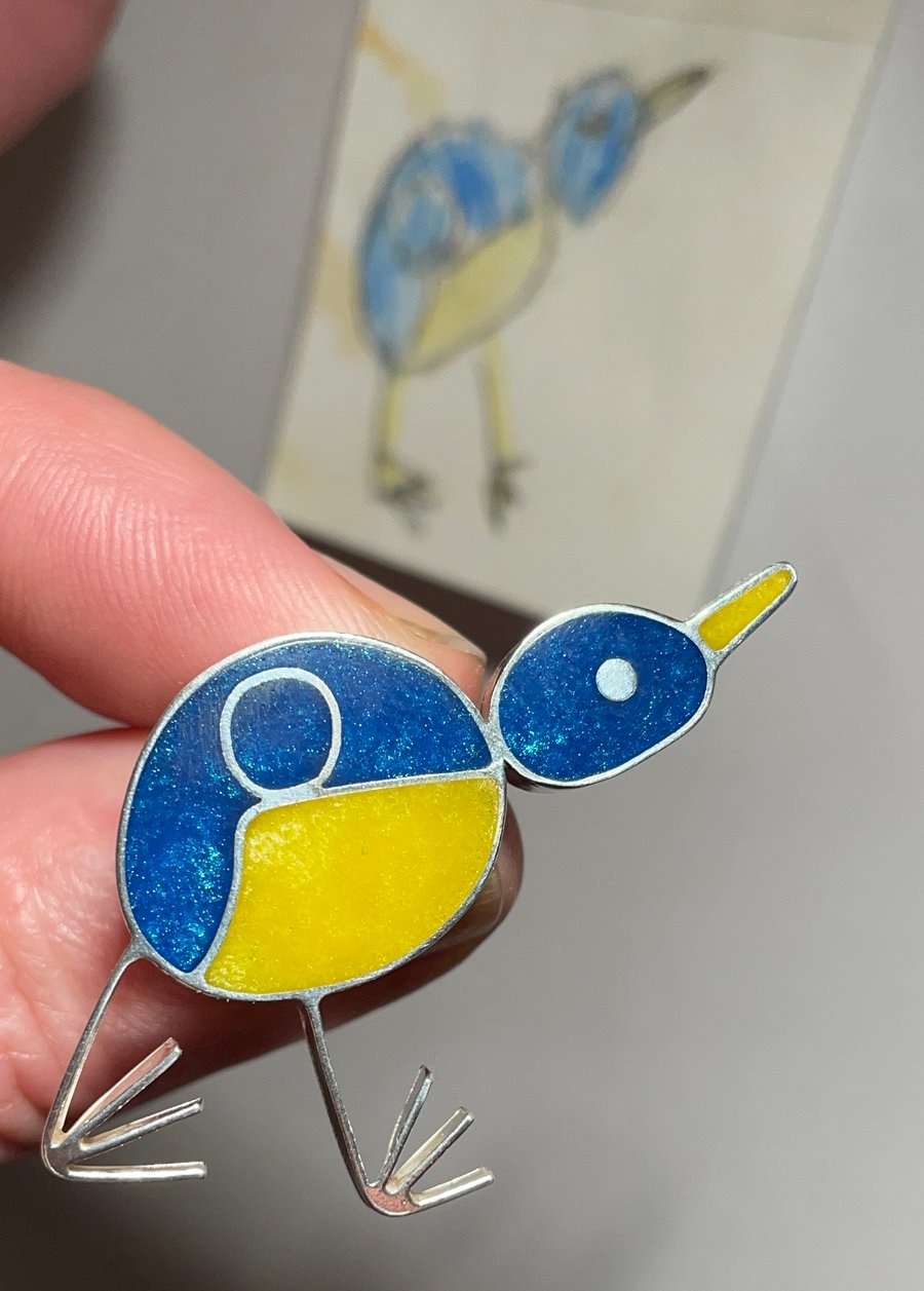 Blue tit brooch handmade for a Childs drawing