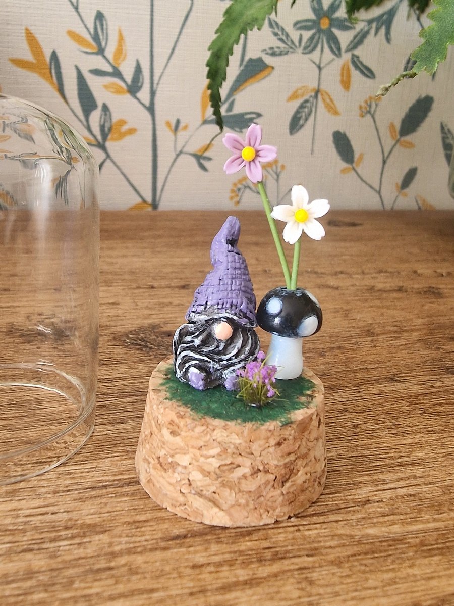 Purple gnome in a glass dome.. fairy garden whimsical scene.