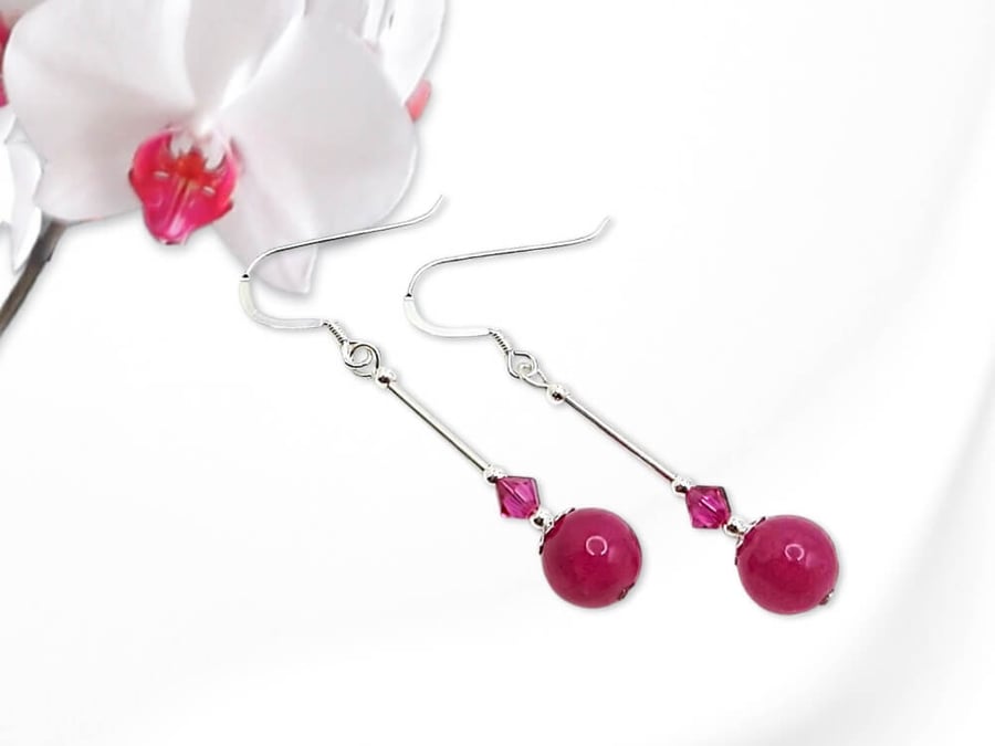 Fuchsia Pink Jade & Swarovski Crystal Earrings With Sterling Silver Tubes