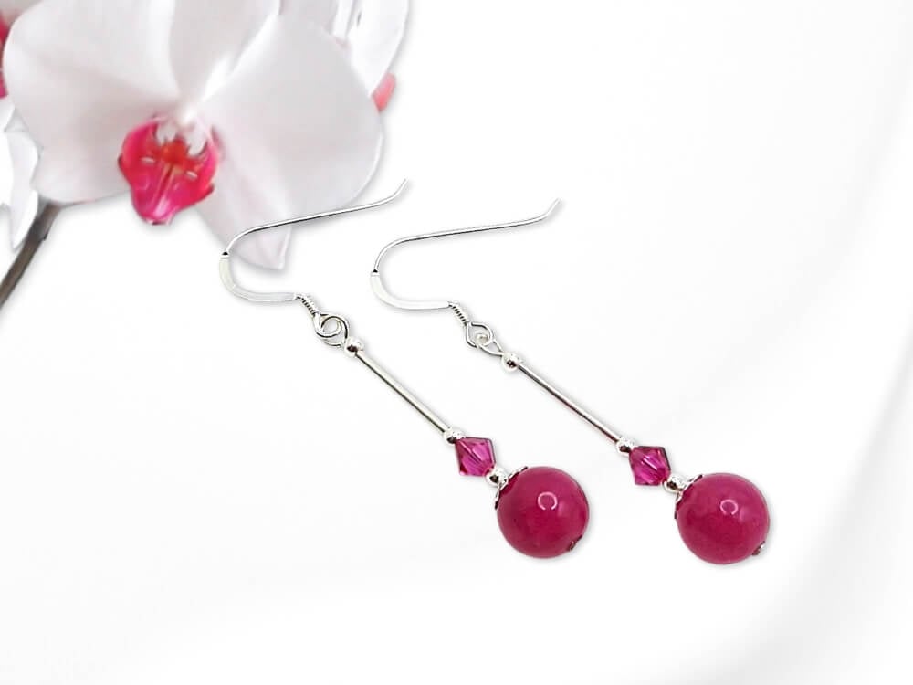 Fuchsia Pink Jade & Swarovski Crystal Earrings With Sterling Silver Tubes