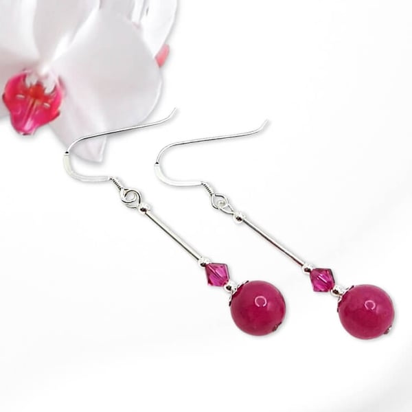 Fuchsia Pink Jade & Swarovski Crystal Earrings With Sterling Silver Tubes