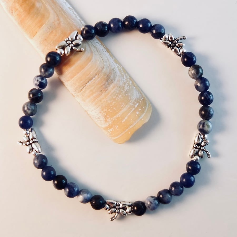Blue Sodalite Bracelet With Silver Dragonflies - Handmade In Devon