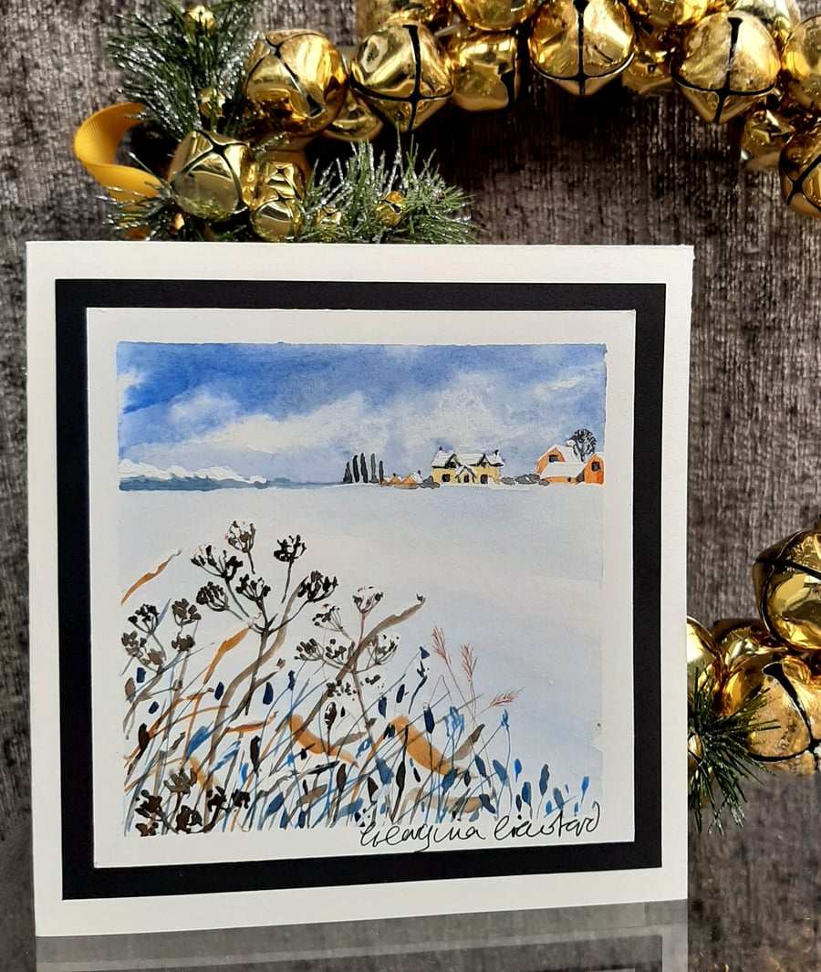 Blank Christmas Card. Snowy Seedheads. Handpainted Watercolour Keepsake Gift