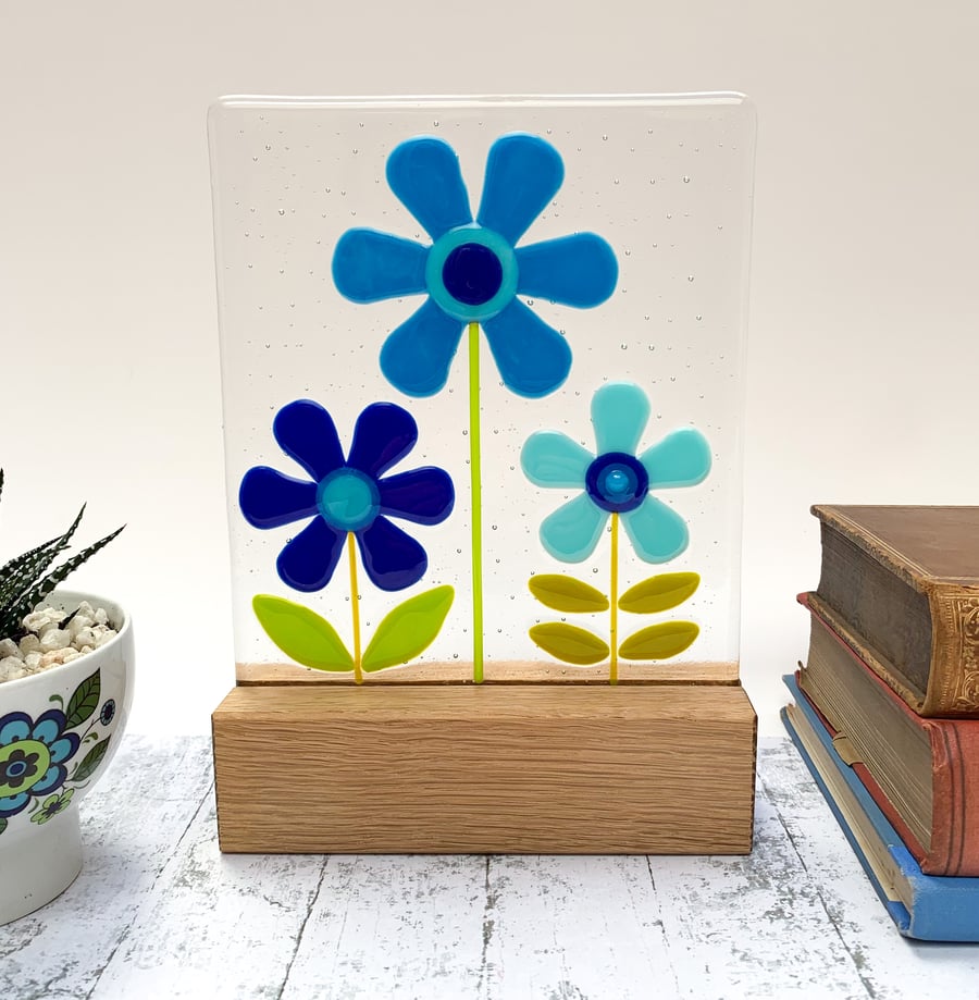 Fused Glass Blue Retro Flowers on Oak - Handmade Glass Sculpture