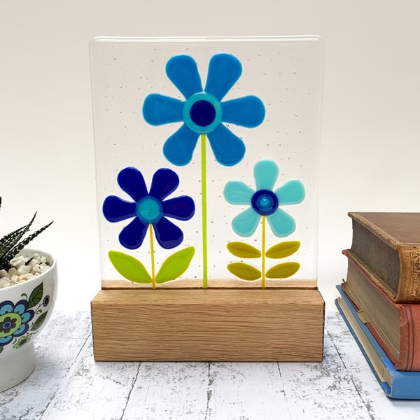 Fused Glass Blue Retro Flowers on Oak - Handmade Glass Sculpture