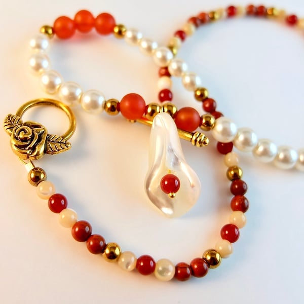 Mother Of Pearl Lily Pendant, Carnelian, Red Jasper & Czech Glass Pearl Necklace