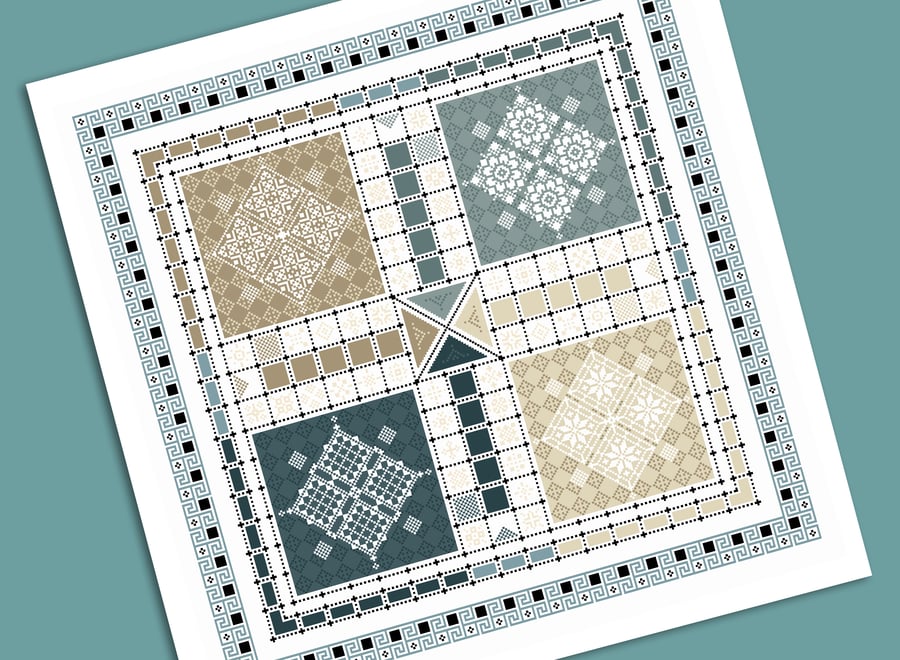 221C Cross Stitch chart - Ludo Game Board Tiles Quaker Sampler 