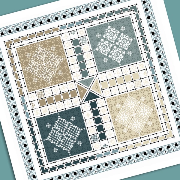 221C Cross Stitch chart - Ludo Game Board Tiles Quaker Sampler 