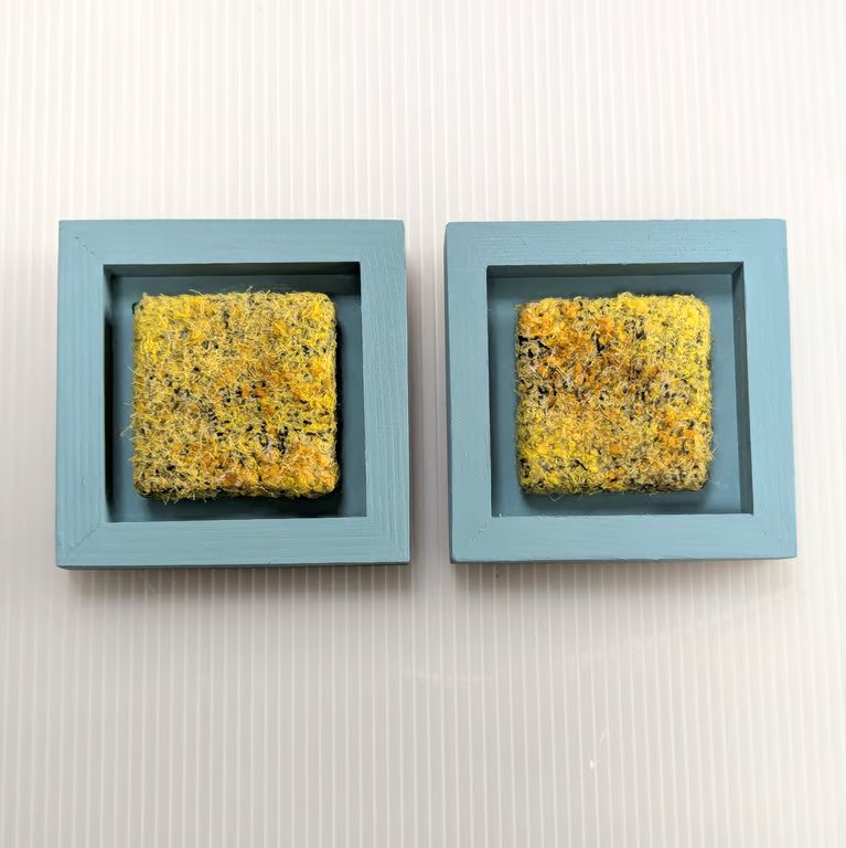 Yellow Abstract Textile Mini Art in Teal Painted wooden frame.