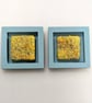 Yellow Abstract Textile Mini Art in Teal Painted wooden frame. - Image 1