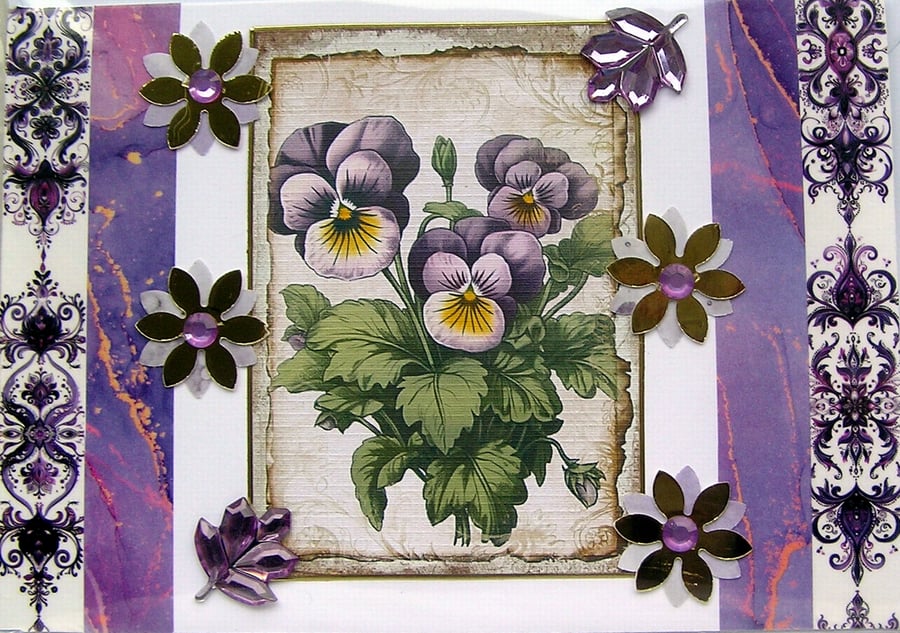 Purple Pansy Flowers - Hand Crafted Decoupage Greeting Card - Blank 3051