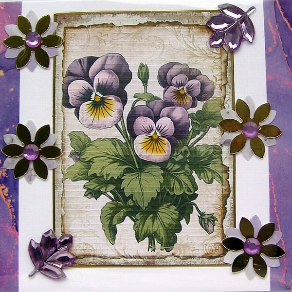 Purple Pansy Flowers - Hand Crafted Decoupage Greeting Card - Blank 3051