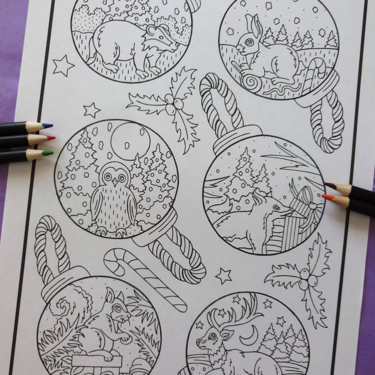 Christmas Baubles Wildlife A4 Colouring Page Printable JPG by S Godwin Studio