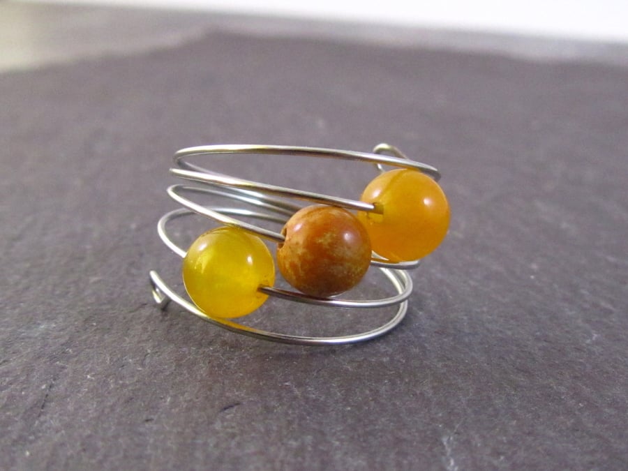 Orange Agate Silver Memory Wire Ring, Orange Ring