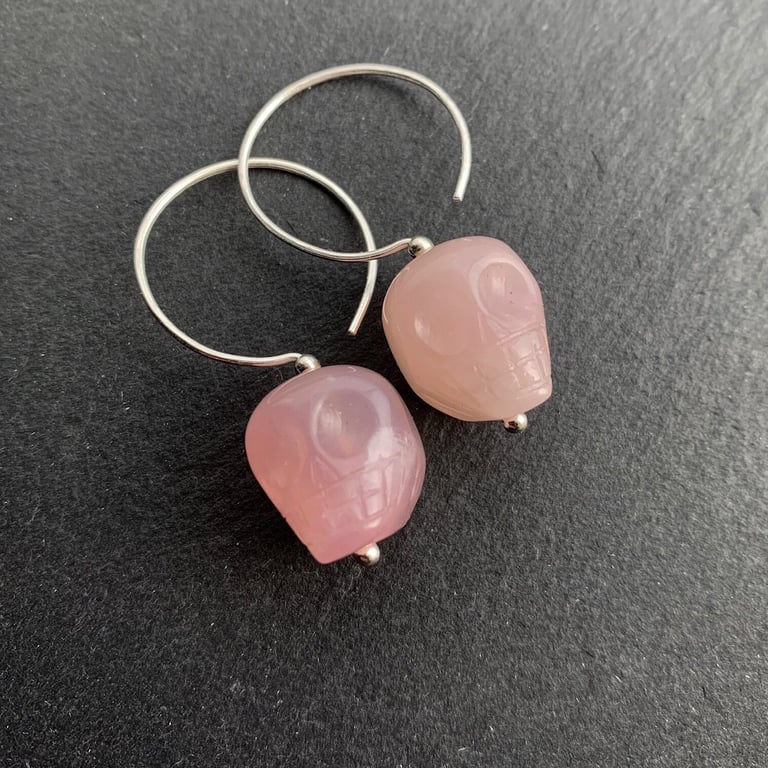 Rose Quartz "Legend of the Crystal Skull" Hoop Earrings, All 925 Sterling Silver