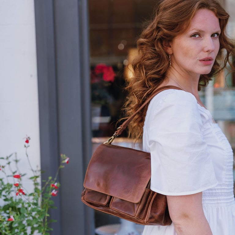 Brown Leather Crossbody Shoulder Bag with Pockets