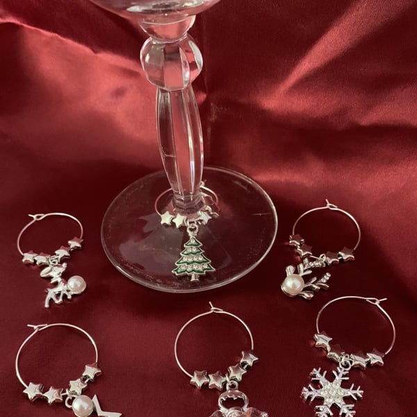 Set of 6 Silver Plated Christmas Wine Glass Charms - Gift-boxed!