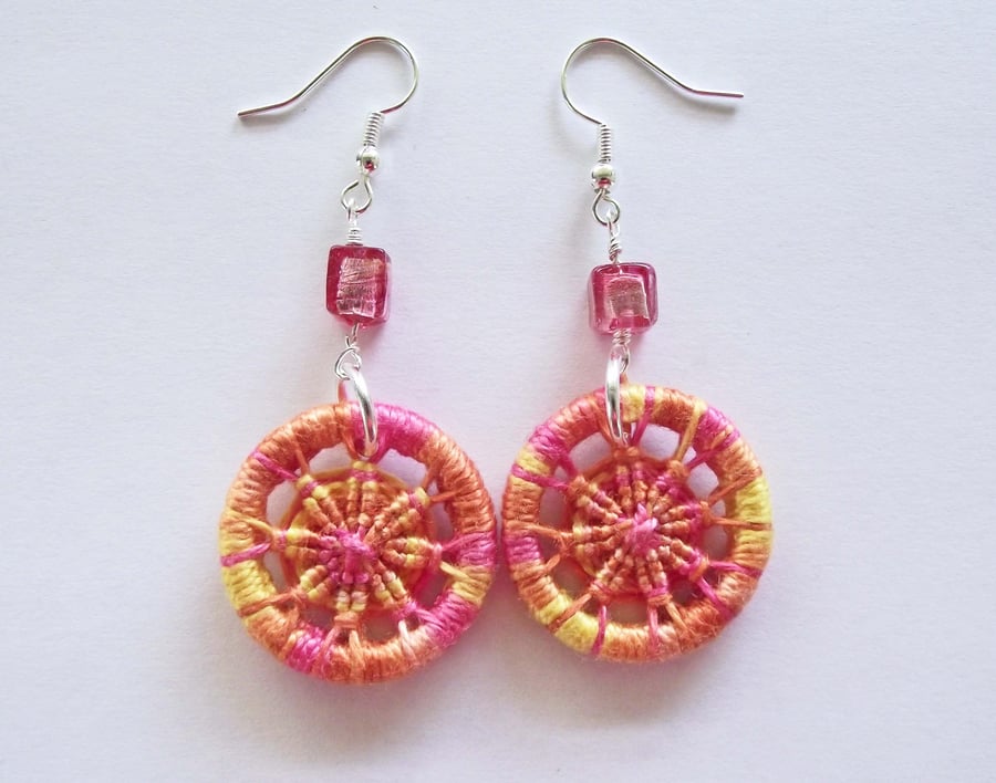 Dorset Button and Murano Glass Bead Drop Earrings, Yellow Orange Pink Thread