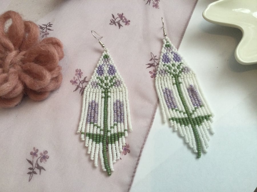 Earrings, dangle, floral handwoven beaded fringe earrings,boho gift