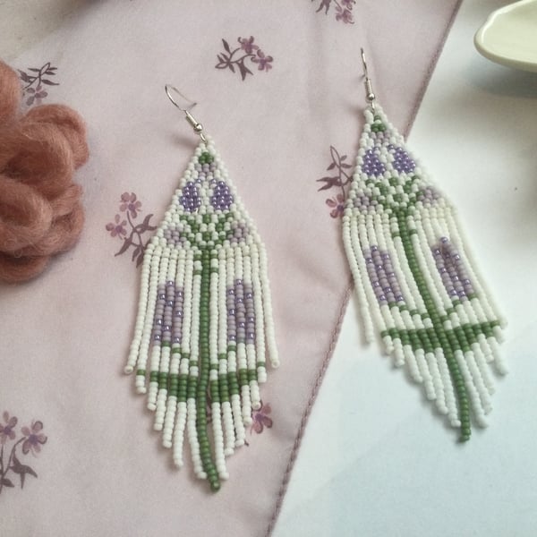 Earrings, dangle, floral handwoven beaded fringe earrings,boho gift
