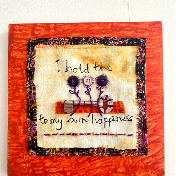 Happiness affirmation statement, hand embroidered 