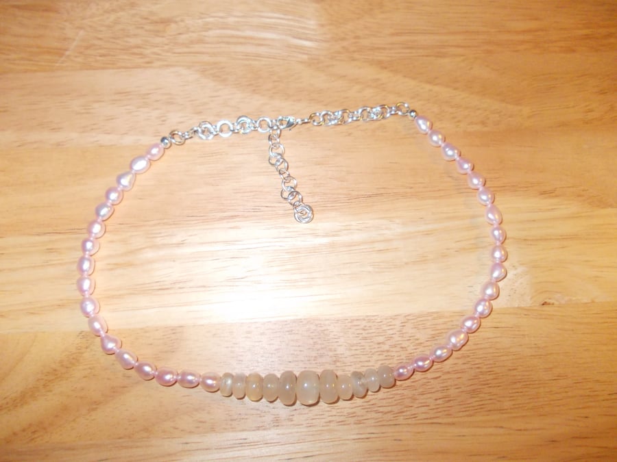 Pink pearl and white moonstone necklace