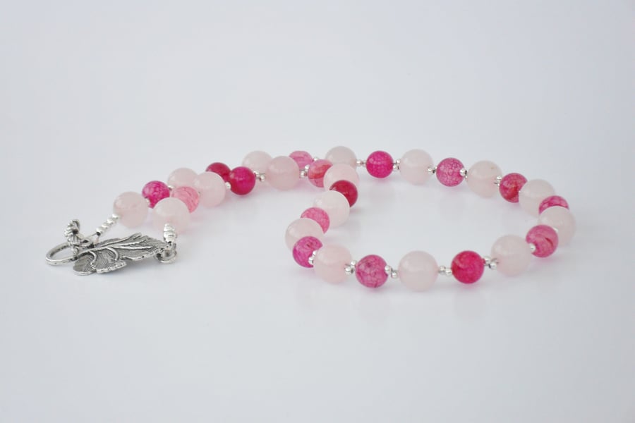 Pink rose quartz and dragon vein agate necklace