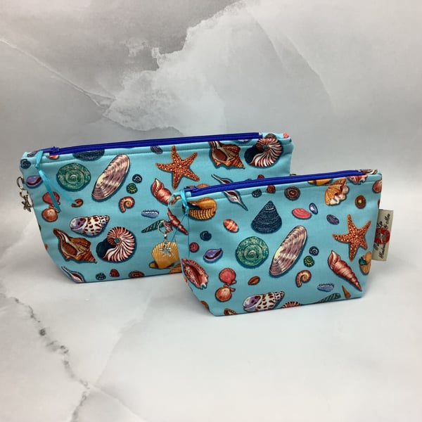 Shells makeup bag, seaside zip bag, 2 size options, Handmade
