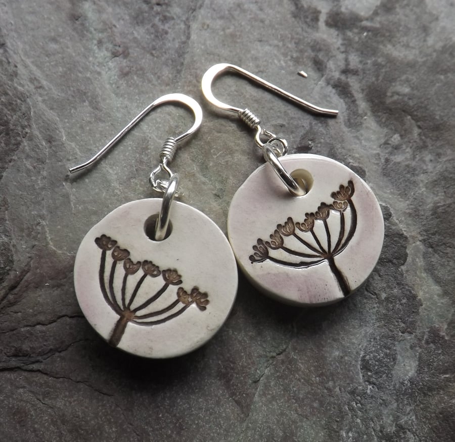 Cow Parsley ceramic and sterling silver drop earrings in brown and pale mauve