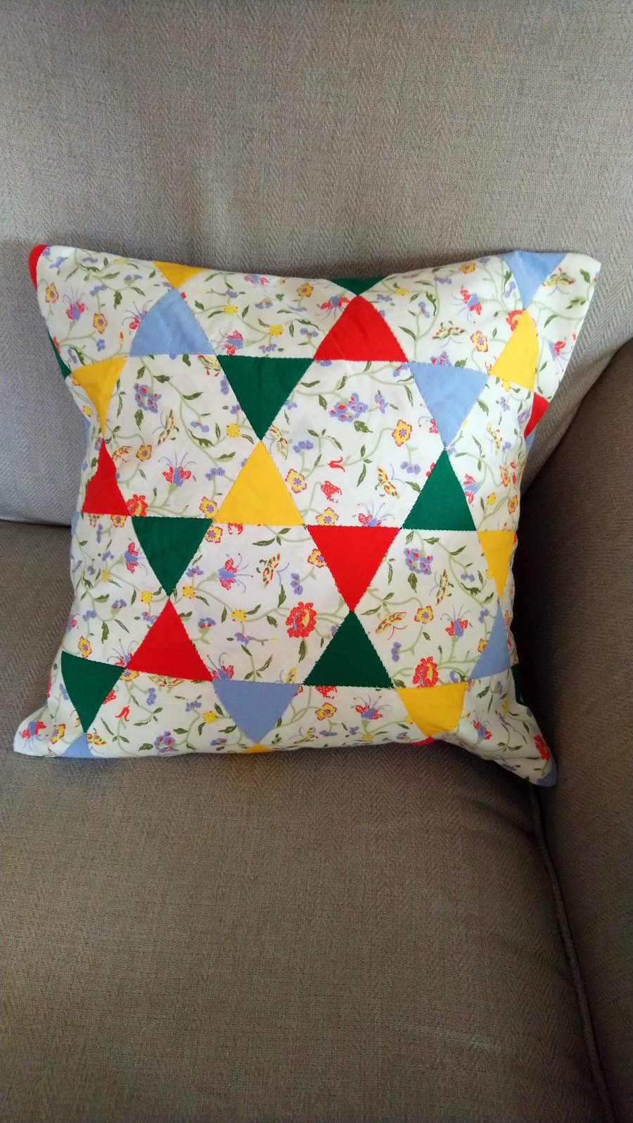 Cushion cover in 1980's Laura Ashley "Floribunda" and bright colours, patchwork