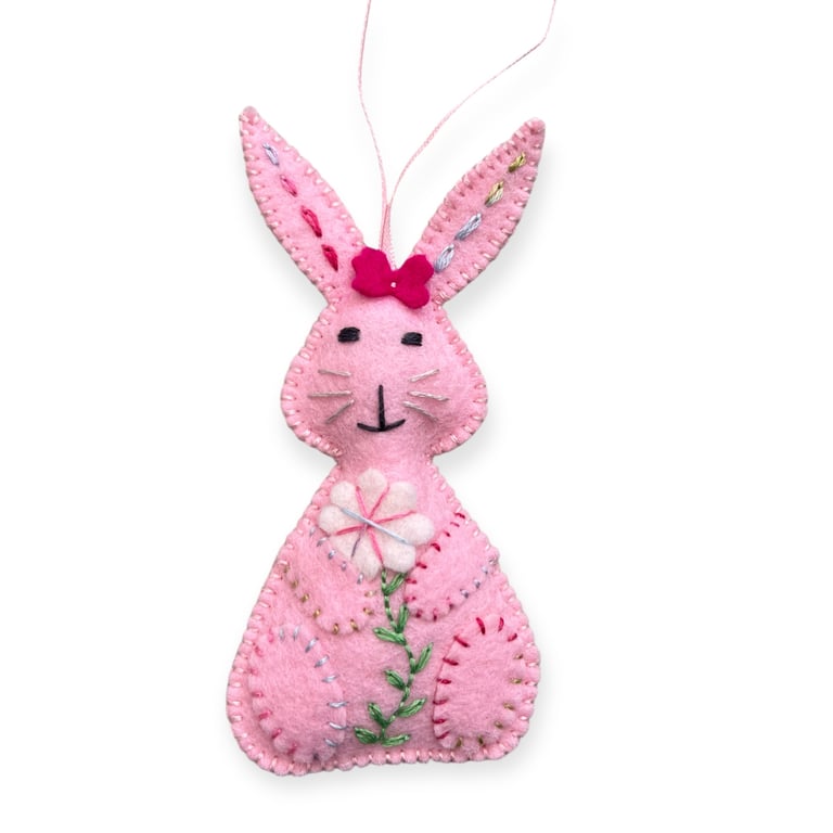 Hand Embroidered Pink Rabbit  Decoration