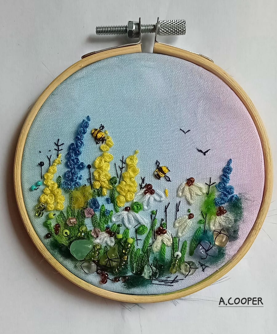 , SUMMER VIEW, handmade, original, embroidered floral picture 