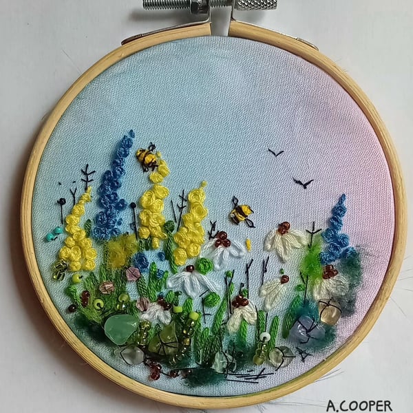 , SUMMER VIEW, handmade, original, embroidered floral picture 